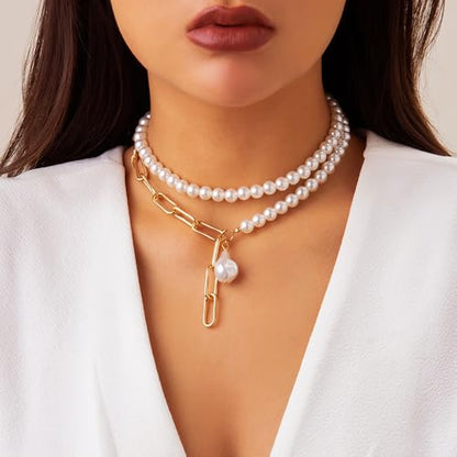 Faux Pearl Choker Necklaces for Women Large Chunky Pearl Necklace Dainty Statement Bride Wedding Jewelry - style: Layered Necklace
