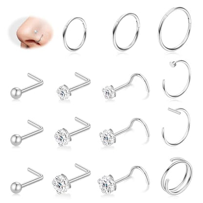15PCS Nose Rings Studs Hoops Set - Hypoallergenic 14K Gold Plated Nose Screw Studs 316L Surgical Stainless Steel Cubic Zirconia Body Piercing Jewelry L Shape & Corkscrew Helix Cartilage Rook Earrings for Women 18G 20G
