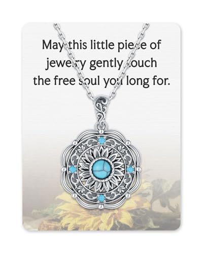 925-Sterling-Silver Turquoise Dragonfly/Hummingbird/Compass/Anchor/Butterfly/Cross/Lotus Necklaces Vintage Boho Pendant Jewelry Victorian Christmas Birthday Gifts for Women - style: Turquoise Sunflower Necklace