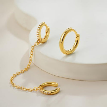 Ear Cuff Earrings for Women Non Piercing - 18K Really Gold Plated Cuff Earrings Trendy Cubic Zirconia Huggie Hoop Cartilage Earring Jewelry Gifts Gold Earring fpr Women Girls - color: 03-Chain-Earrings Cuff