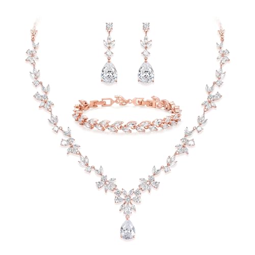 Gorgeous Wedding Jewelry Set for Women Bridal Cubic Zirconia Marquise Teardrop Leaf Cluster Y-Necklace Dangle Earrings Link Bracelet - color: Clear Rose-Gold-Plated-Brass