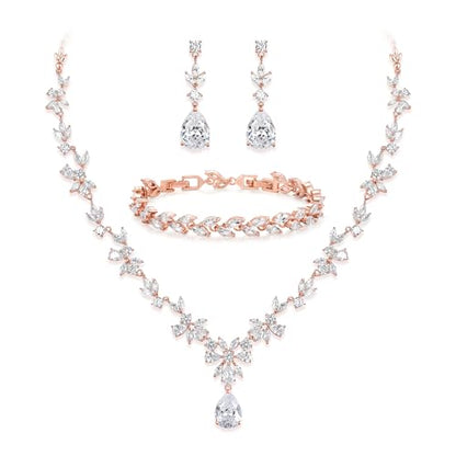 Gorgeous Wedding Jewelry Set for Women Bridal Cubic Zirconia Marquise Teardrop Leaf Cluster Y-Necklace Dangle Earrings Link Bracelet - color: Clear Rose-Gold-Plated-Brass