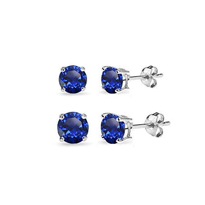 Sapphire Earrings for Women Sterling Silver Trendy Round-Cut Created Blue Gemstone Solitaire Studs for Men Bridesmaids Prom Gift - color: 4-6mm - Sterling Silver / 2 Pairs