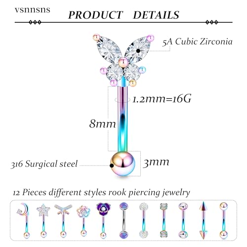 Rook Daith Piercing Jewelry 16G Stainless Surgical Steel Curved Barbell Eyebrow Rings Vertical Labret Lip Piercing Jewelry Rook Daith Earrings for Women Men 6MM 8MM 10MM Hypoallergenic - color: Rainbow Tone