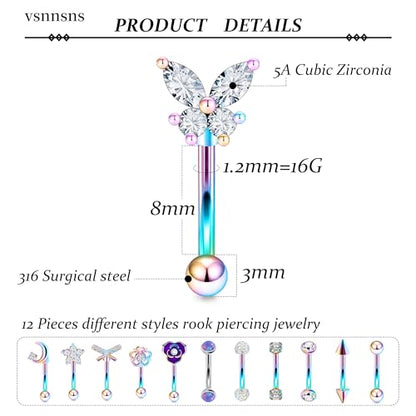 Rook Daith Piercing Jewelry 16G Stainless Surgical Steel Curved Barbell Eyebrow Rings Vertical Labret Lip Piercing Jewelry Rook Daith Earrings for Women Men 6MM 8MM 10MM Hypoallergenic - color: Rainbow Tone