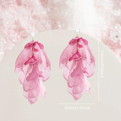 Handmade Bohemian Lightweight Fabric Flower Dangle Drop Earrings Chic Pearl Large Tassel Petal Stud Earrings For Women - color: Pearl Dark Pink