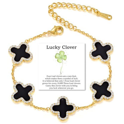Qitian Clover Bracelet for Women 18K Gold Four Leaf Pink Lucky Link Clover Bracelets, Trendy Bracelets Set Jewelry Gifts for Women - color: C-Black