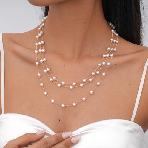Pearls Necklaces for Women-18K Gold Plated Layered Gold Pearl Necklaces Dainty White Pearls Choker Necklace Chain Pearl Necklace for Women Elegant Valentines Gifts - color: Three-layer