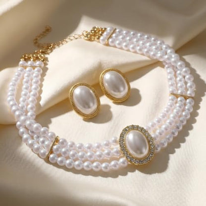 Hecila Pearl Choker Necklace Pearl Earring Set for Women Boho 3 Tier Vintage Chokers