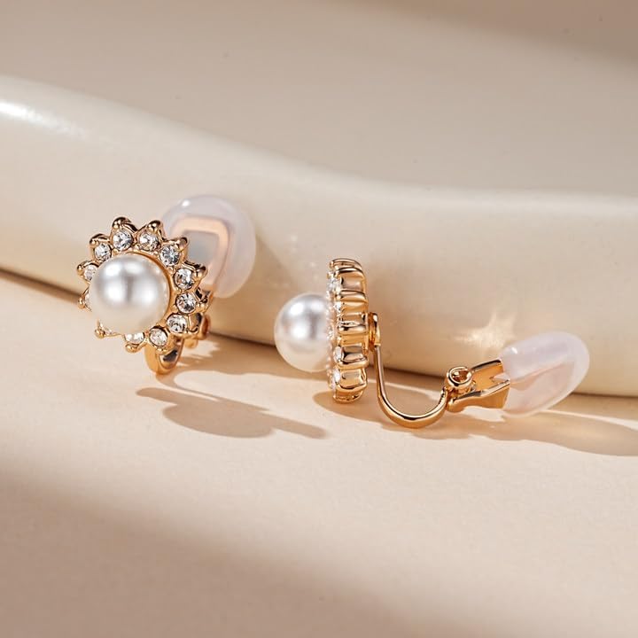 Pearl Clip On Earrings for Women, Austrian Crystal Halo | 14K Gold-Plated Finish, Comfortable Clip-On Fit, Non-Pierced Earrings, Soft Silicone Pads Included, Gift Box Included - color: White Pearl /Gold-Tone
