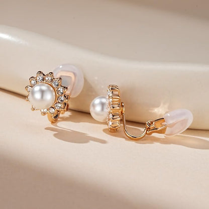 Pearl Clip On Earrings for Women, Austrian Crystal Halo | 14K Gold-Plated Finish, Comfortable Clip-On Fit, Non-Pierced Earrings, Soft Silicone Pads Included, Gift Box Included - color: White Pearl /Gold-Tone