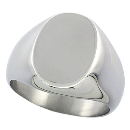 Sabrina Silver Surgical Stainless Steel Oval Signet Ring Solid Back Flawless Finish 5/8 inch sizes 5 to 10