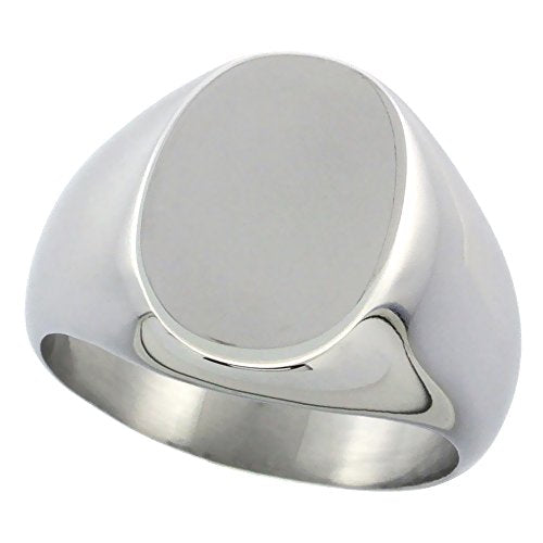 Sabrina Silver Surgical Stainless Steel Oval Signet Ring Solid Back Flawless Finish 5/8 inch sizes 5 to 10
