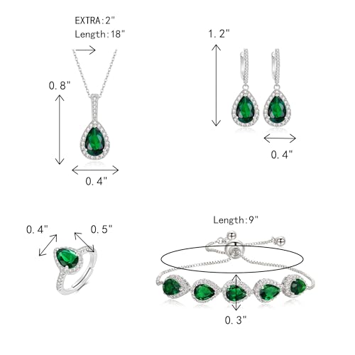 Crysdue Wedding Bridal Teardrop CZ Pendant Necklace Open Ring Dangle Earrings Adjustable Slider Bracelet Jewelry Set, Birthday Mothers Day Christmas Jewellery Gift for Women/Mom/Wife - style: 01-Teardrop Green Silver-Tone