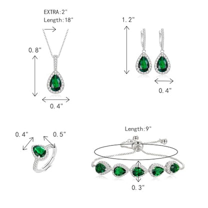 Crysdue Wedding Bridal Teardrop CZ Pendant Necklace Open Ring Dangle Earrings Adjustable Slider Bracelet Jewelry Set, Birthday Mothers Day Christmas Jewellery Gift for Women/Mom/Wife - style: 01-Teardrop Green Silver-Tone