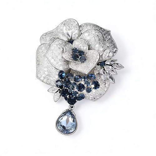 Luxury Camellia Flower Brooch, Sparkling Crystal & Rhinestone Pin with Teardrop Pendant for Women, Elegant Statement Jewelry for Wedding, Party, or Daily Wear - style: Modern