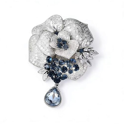 Luxury Camellia Flower Brooch, Sparkling Crystal & Rhinestone Pin with Teardrop Pendant for Women, Elegant Statement Jewelry for Wedding, Party, or Daily Wear - style: Modern