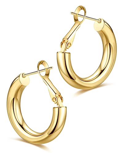 wowshow Gold Hoop Earrings for Women Chunky Hoops 14K Gold Plated Thick Hollow Tube Lightweight Earrings for Mother Birthday Gifts 20/25/30/40/50MM - color: Gold-20MM