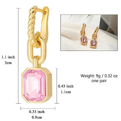 Birthstone Crystal Dangle Drop Earrings, 18K Gold Plated Huggie HoopEarring | Hypoallergenic Earring Jewelry Gifts for Women, Birthdays, anniversaries, weddings - color: Pink-1