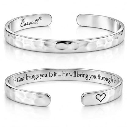 Bracelet - Gifts for Women – Inspirational, Friendships, Love, Mom, Daughters, Sisters, Christian, Graduations, Memorials & Wedding Gifts – 100+ Phrases – Stainless Steel, Gift Ready - color: CHRISTIAN GIFT - If God brings you to it.. He will bring you th