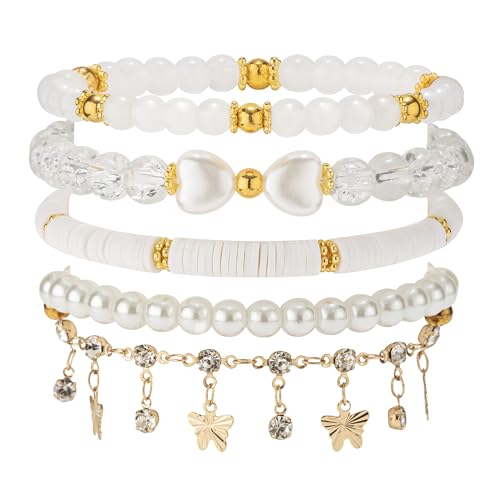 Besydec Stackable Boho Beaded Bracelets With Natural Stone & Pearl Heart & Clay Beads for Women,Adjustable Silver Jewelry - color: White