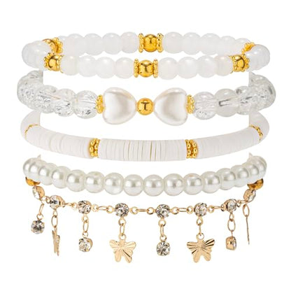 Besydec Stackable Boho Beaded Bracelets With Natural Stone & Pearl Heart & Clay Beads for Women,Adjustable Silver Jewelry - color: White
