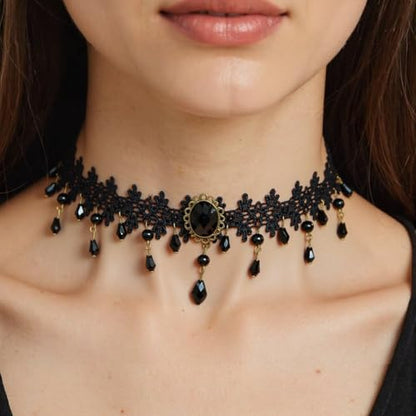 CSIYANJRY99 Gothic Choker Necklace for Women Halloween Red Crystal Vampire Choker Steampunk Lace Choker Witch Costume Accessories - style: Long and short tassels