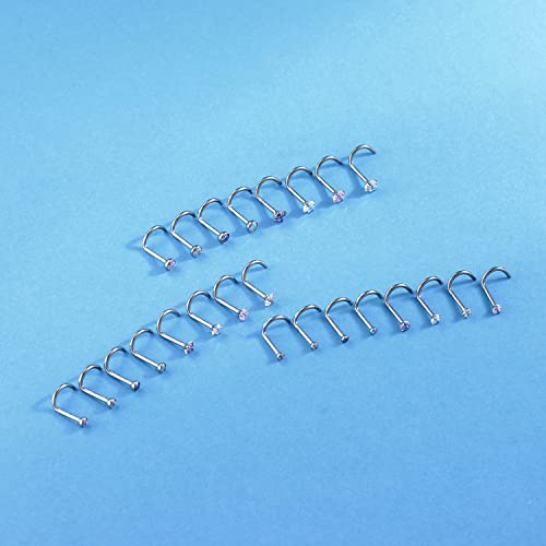 8PCS G23 Titanium Twist Screw Nose Studs 18G 20G Nose Rings 2mm 2.5mm 3mm Clear Pink Purple Aurora CZ Gold Nose Piercing Studs Nostril for Women Men - style: 18g silver mix-color cz 2.5mm