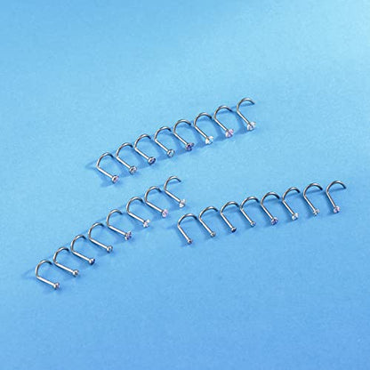 8PCS G23 Titanium Twist Screw Nose Studs 18G 20G Nose Rings 2mm 2.5mm 3mm Clear Pink Purple Aurora CZ Gold Nose Piercing Studs Nostril for Women Men - style: 18g silver mix-color cz 2.5mm