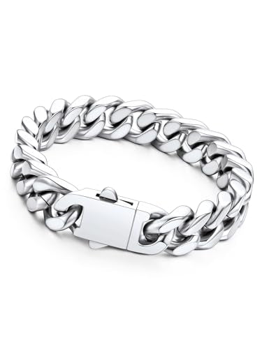 Richsteel Gold/Black/Silver Cuban Link Bracelet for Men,5/7/9/12MM Width | 316L Stainless Steel Chain Wrist Bracelet, Waterproof, No Tarnish, Hypoallergenic Hip Hop Jewelry, with Gift Box - color: 01-Stainless Steel 12mm Width