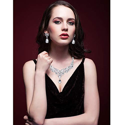 Hicarer Bridal Teardrop Cluster Crystal Jewelry Set for Women Necklace Earrings Wedding - color: Silver