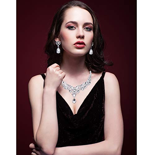 Hicarer Bridal Teardrop Cluster Crystal Jewelry Set for Women Necklace Earrings Wedding - color: Silver