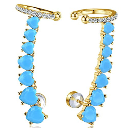 925 Sterling Silver Post Stud Earrings for Women Cartilage Ear Cuffs Hoop Climber 7 Multcolors Cubic Zirconia CZ Hypoallergenic Piercing Gifts For Her - color: Turquoise Gold