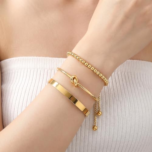 Waterproof Non Tarnish PVD 18K Gold Plated Stainless Steel Beaded Bracelets for Women, Hypoallergenic Dainty Initial Letter Charm Beaded Stackable Adjustable Bracelets, Love Knot Oval Bangles Single & Gift Sets Birthday Jewelry for Her - color: gold-A-3pc