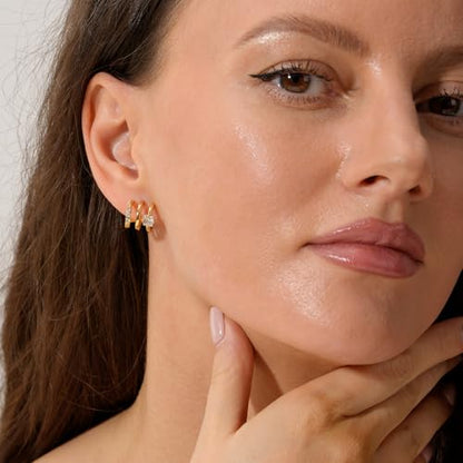Gold Triple Hoop Illusion Stud Earrings, 14K Chunky Gold Plated Hoop Earrings Cuff Earrings for Women Trendy, Hypoallergenic Earrings Set Jewelry Gift - color: Triple hoop earrings-diamond