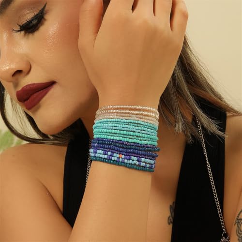 18Pcs Boho Stackable Beaded Bracelets for Women Colorful Handmade Multilayered Rice Beads Anklets Set Summer Beach Bohemian Jewelry Gift - color: Style 1 Blue