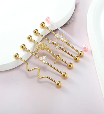 TIANCI FBYJS 7-16pcs 14G Stainless Steel Industrial Piercing Barbell Earring Cartilage Body Jewelry 38mm 1&1/2 Inch Industrial Piercing Bar for Women Men Snake Chain Dangle - color: gold silver
