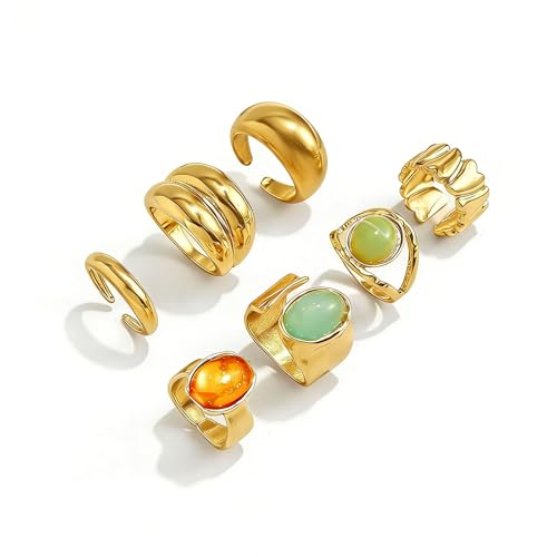 Rings for Women Colorful Chunky Rings Set Adjustable Thick Statement Ring for Women Trendy Dainty Stacking Ring Vintage Chunky Jewelry - style: A : 7PCS - G