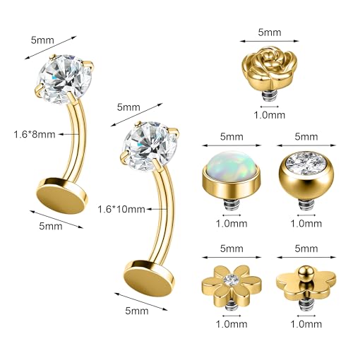 Belly Button Ring Set for Women, 14G 316L Steel Internally Threaded Navel Rings with Interchangeable Tops Opalite, CZ Star, Flower, Ball, 8-14MM Floating Cute Belly Piercing Jewelry Gold Silver - style: Gold - 14G（1.6mm）- 10/8mm