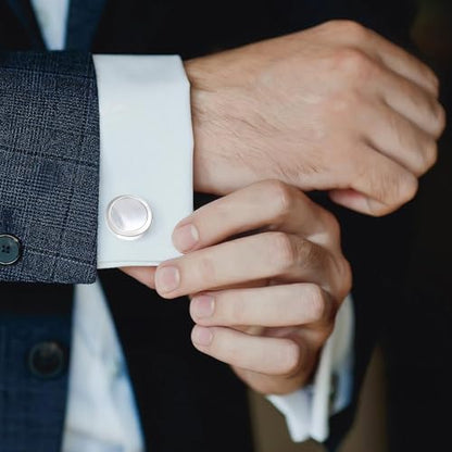 Mens Cufflinks and Tuxedo Shirt Studs Set with Gift Box - color: Silver/Fritillaria