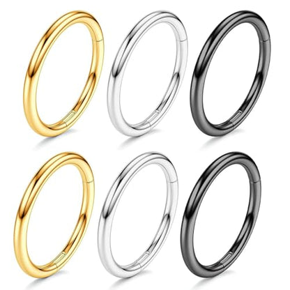 Nose Rings 20G 18G 16G 316L Surgical Steel Hinged Clicker Segment Nose Hoop Helix Cartilage Daith Tragus Sleeper Earrings Body Lip Piercing Jewelry for Women Men 6mm 7mm 8mm 10mm 12mm - style: 16:Silver+Gold+Black-18G*8mm(6pcs)