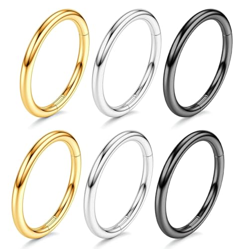 Nose Rings 20G 18G 16G 316L Surgical Steel Hinged Clicker Segment Nose Hoop Helix Cartilage Daith Tragus Sleeper Earrings Body Lip Piercing Jewelry for Women Men 6mm 7mm 8mm 10mm 12mm - style: 16:Silver+Gold+Black-18G*8mm(6pcs)