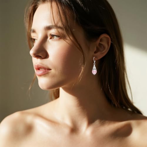 Natural 10mm Stone Beads Drop Earrings,Retro Silver Round Quartz Crystal Gemstone Beads Dangle Earrings for Women - color: A17_Rose Quartz