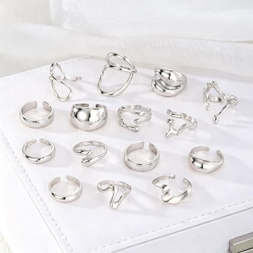 Chunky Rings for Women Non Tarnish 14k Stackable Dome Statement Rings Sets Vintage Dainty Knuckle Open Midi Finger Rings Jewelry Pack Gifts - style: Silvery 15PCS