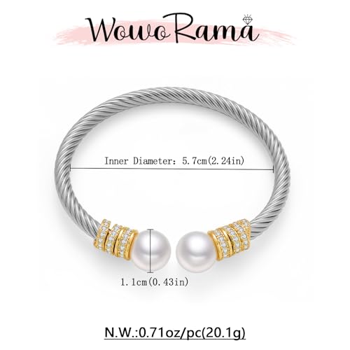 WOWORAMA Twisted Cable Wire Bracelets Two Tone Bangle Bracelet for Women | Stainless Steel, Unisex Gold Silver Bracelet, Mixed Metal Chunky Bangles Jewelry - color: Silver Pearl