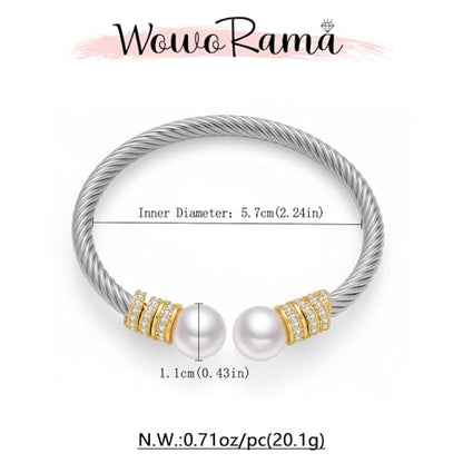 WOWORAMA Twisted Cable Wire Bracelets Two Tone Bangle Bracelet for Women | Stainless Steel, Unisex Gold Silver Bracelet, Mixed Metal Chunky Bangles Jewelry - color: Silver Pearl
