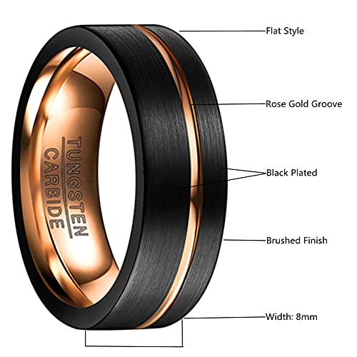 Tungsten Rings for Men 8mm Rose Gold/Blue Grooved Rose Gold and Black/Browm/Blue Two Tone Wedding Band Size 5-14 - color: Black + Rose Gold