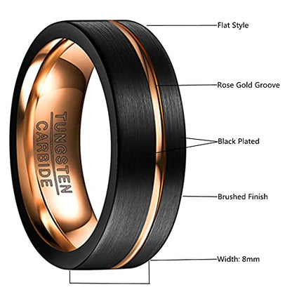 Tungsten Rings for Men 8mm Rose Gold/Blue Grooved Rose Gold and Black/Browm/Blue Two Tone Wedding Band Size 5-14 - color: Black + Rose Gold