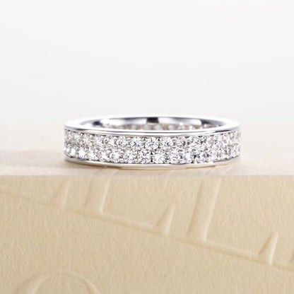 Cubic Zirconia Eternity Wedding Band Rings Round Cut 5A Grade D Color CZ Stacking Band Engagement Promise Rings for Women - style: Double Round-a