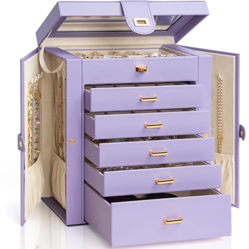AKOZLIN 6-Tier Jewelry Box Organizer Functional 5 Drawers Leather Jewelry Storage Case for Women Girls Ring Necklace Earring Bracelet Holder Organizer with Mirror Violet Large - color: Purple, size: Large